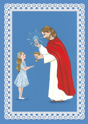 image de premiere communion avec jesus qui donne la communion a une petite fille