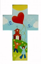 croix avec enfants ,église et cerf volant en forme de coeur 