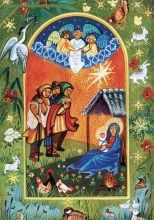 Carte de voeux chrétienne : les mages, Marie et Jésus nouveau né