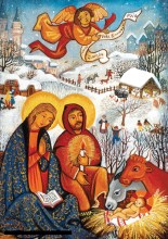 Carte de voeux chrétienne : les mages, Marie et Jésus nouveau né