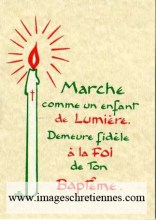 image de baptême avec un cierge allumé et une citation