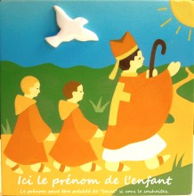 saint patron garcon : eveque indiquant le chemin a deux enfants