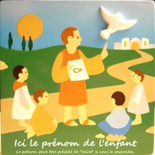 saint patron garçon. apôtre ou enseignant entouré d'un groupe d'enfants